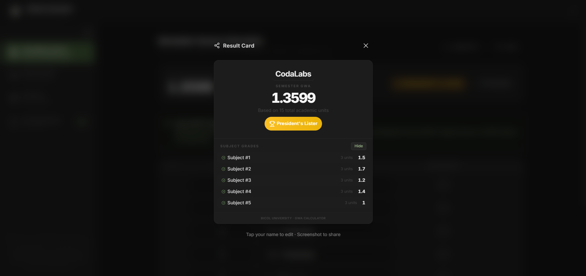 BU GWA Calculator result card